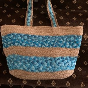 Chico’s Blue Beach Tote Woven Striped Bag